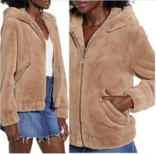 Blanknyc Hooded Bomber Jacket Siren Teddy Faux Fur size L Beige Lined Full Zip