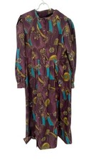 Retro Style Midi Dress Dark Purple Womens Size M Equestrian Print Long Sleeve