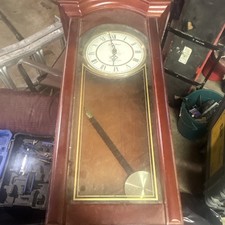 Bulova Brown Wood & Glass Pendulum Wall Clock Roman Numerals Rectangular