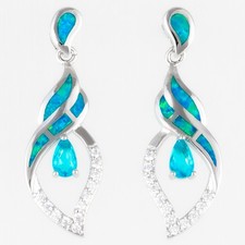 3x5 Simulated Blue Topaz Blue Fire Opal Silver Jewelry Drop Pierced Earrings