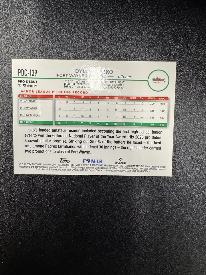 2024 Topps Pro Debut Chrome Dylan Lesko Gold Mini Diamond /50 #PDC-139 - Image 2 of 2