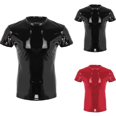 Glänzendes Kunstleder Clubwear T Shirt Oberteil für Herren stilvoll und modisc