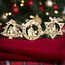 3D Wooden Christmas Scene Ornaments   Set of 3 Tree, Bauble, Star 