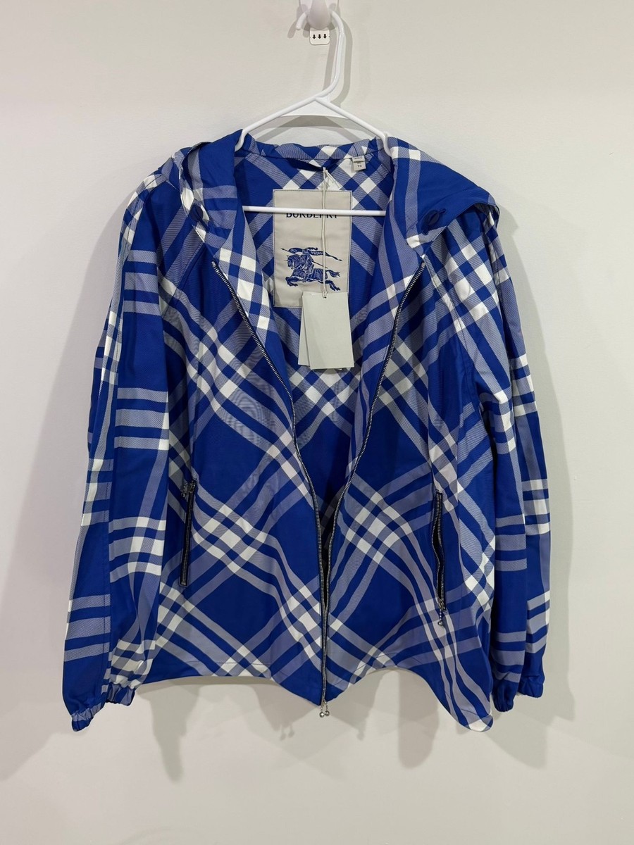 Burberry Knight Check Hooded Windbreaker Jacket Blue White XL