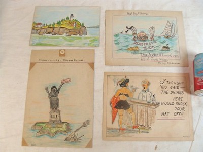 4 Antique Ralph Geyer Cartoon Illustration W/C Drawings 2