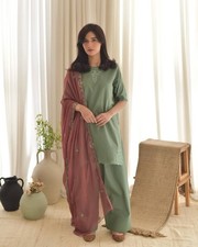Latest New French Crepe Sage Green Salwar kameez With Dupatta For Festival Wear