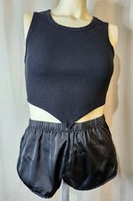 Women's Short Sleep 'Set' Pointed Hem Cami Satin High Cut Shorts Black Sz SM
