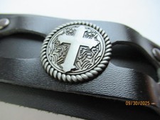 Men's Biker black leather Cross wide bracelet