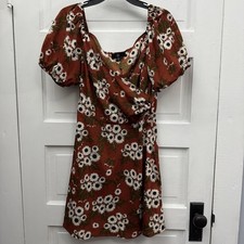 Puff Sleeve Floral Dress Missguided Women US 6 Rust Orange Fit & Flare