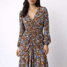 Floret Studios Romantic Boho Ruched Floral Puff Sleeve Midi Dress Medium Cottage