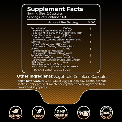 Berberine 15,000mg with Ceylon Cinnamon | Energy & Wellness Support | 120 Caps - Picture 2 of 3