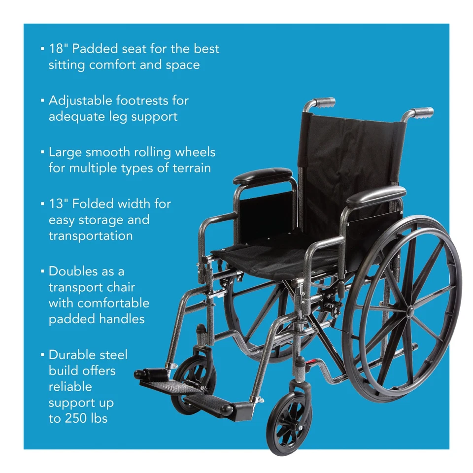 Wheelchair with Large 18” Padded Seat - Wheel Chair with Adjustable and Remov... - Image 2 of 4