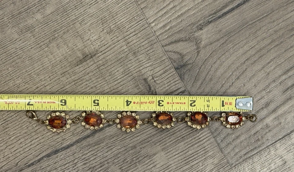 "Brazalete vintage de eslabones de diamantes de imitación ámbar de 7"" piedras de vidrio ovaladas tono dorado" Foto 4 de 4