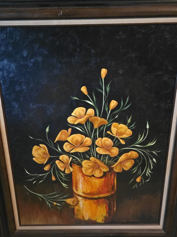 Framed Floral Still Life Painting Yellow Flowers in Vase on Dark Background