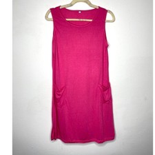 Sleeveless Hot Pink Stretch Knit Tank Mini Dress Scoop Neck Front Patch Pocket M
