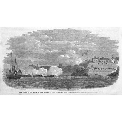 IRLAND Scheinangriff von Booten der HMS Gorgon auf Fort Duncannon antiker Druck 1856