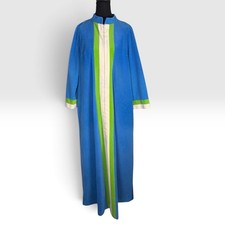 Vintage 70s Vanity Fair Blue Green Velour Maxi Robe Housecoat Size 18 USA