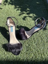 Betsey Johnson Black Faux Fur Ankle Strap Stiletto Sandal Heels Size 9