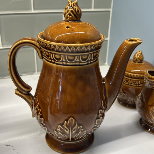 Vintage Norleans Japan Tea Set Brown Glazed Embossed Leaf Pattern - Picture 9 of 21
