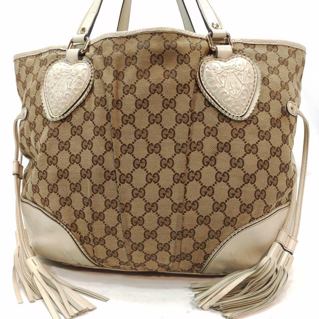 Gucci GG Embossed Logo Leather Canvas Tote Shoulder Bag A4 Size