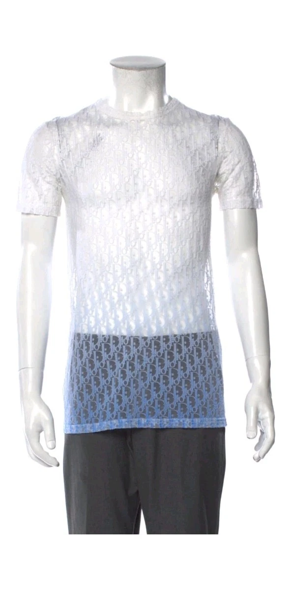 Dior — DIOR MEN Oblique Jacquard Sheer Mesh T-Shirt White fading into Blue