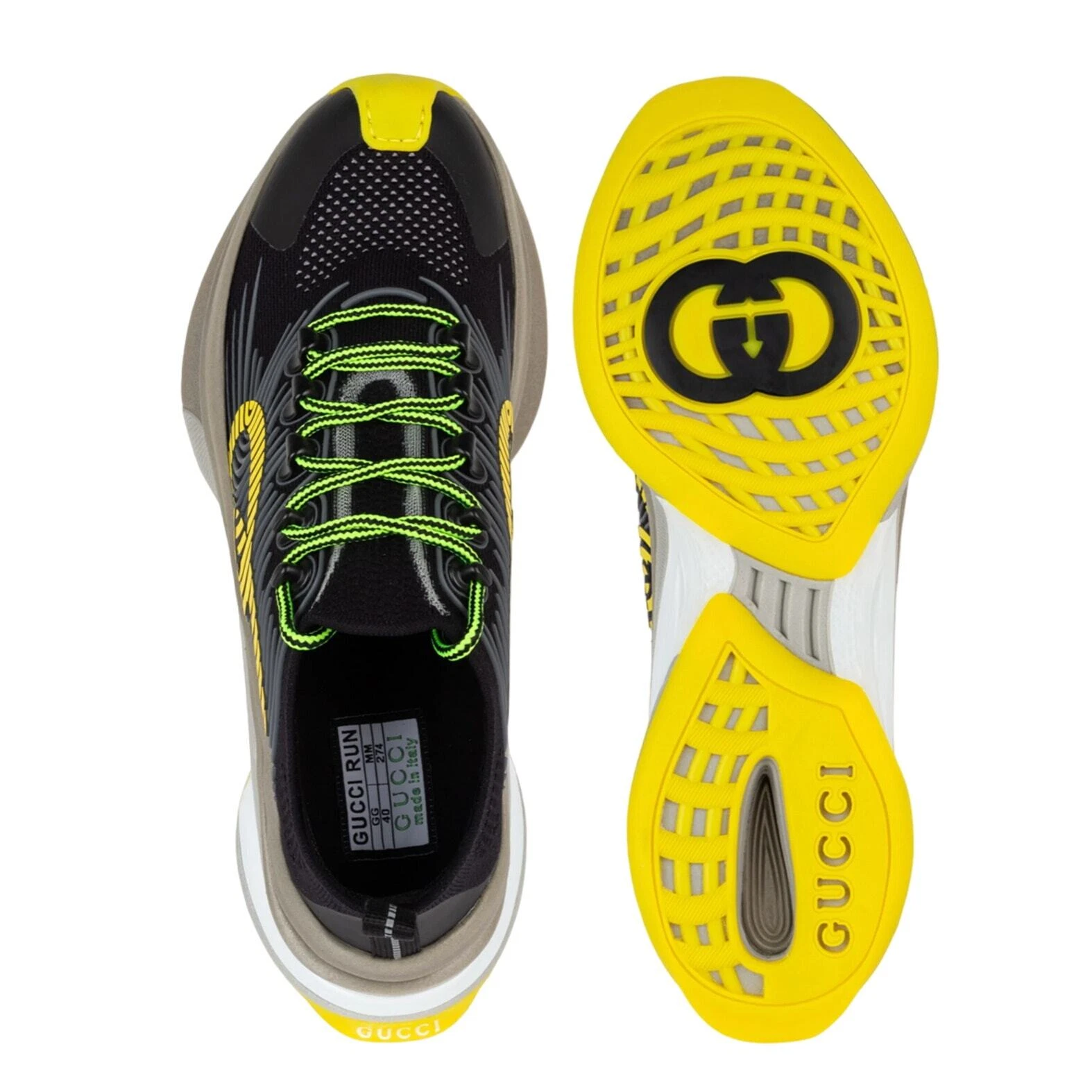 Baskets basses sportives pour hommes GUCCI GG RUN noir jaune 11   US 11,5 NEUVES 