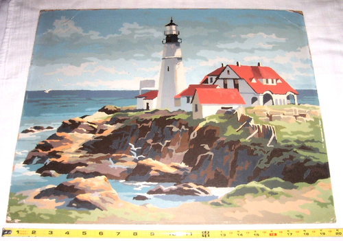 Vintage Lighthouse Cottage Rocky Shore Painting circa 1960 PBN Paint By Number - Picture 2 of 18