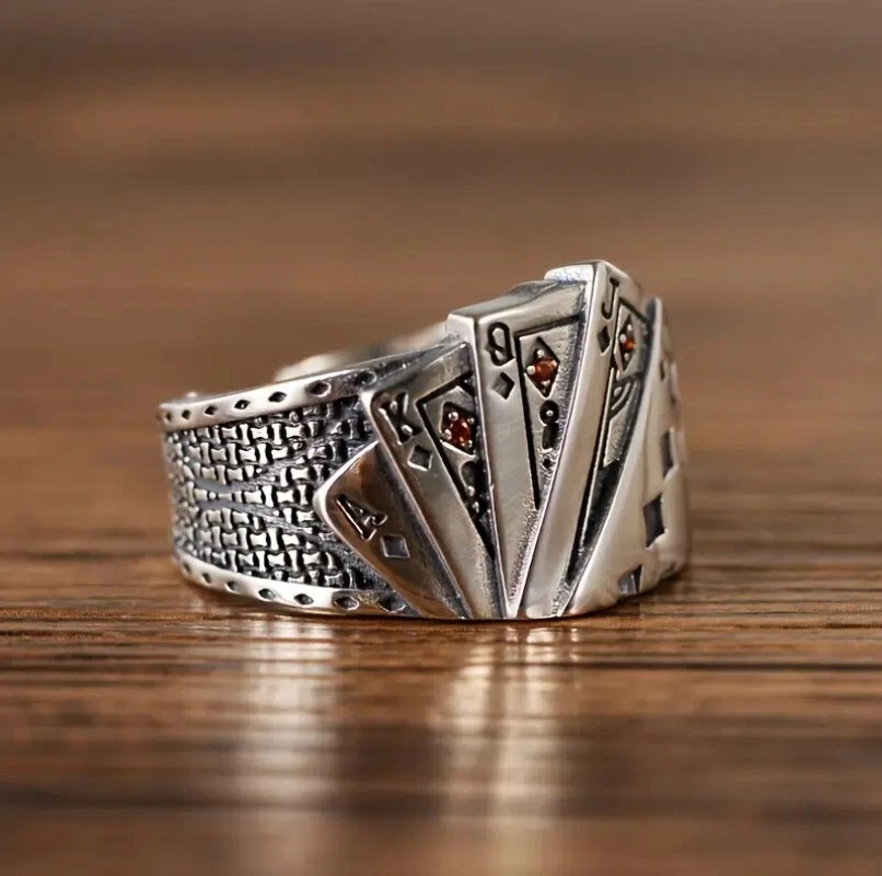 Royal Flush Poker Ring Silver Plated Simulated Ruby Diamonds Cards Adjustable Sz - Image 3 of 4