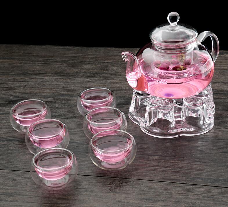 Borosilicate Glass Tea Pot Filtering Tea Maker Teapot With Cups Warmer  Set