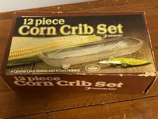 Vintage JEANNETTE GLASS Corn on the Cob Holders 4 Dishes Crib Set Box