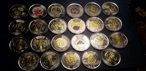 Collection Of 23 Different Beautiful Gem Coloured & Uncoloured Canada $2 Coins.