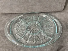 Vintage Aquamarine Jeanette Glass Handled Feather Divided Oval Tray 15.5”L X 9”W