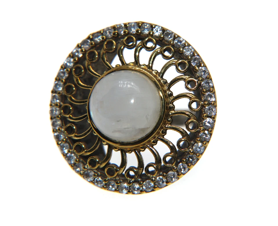 Anello argento 925 toppa zirconi anticato pietra di luna tondo misura 15 vintage - Immagine 3 di 4