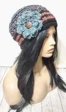 crochet womans handmade flower hat beanie bright horizon blue puffs USA new