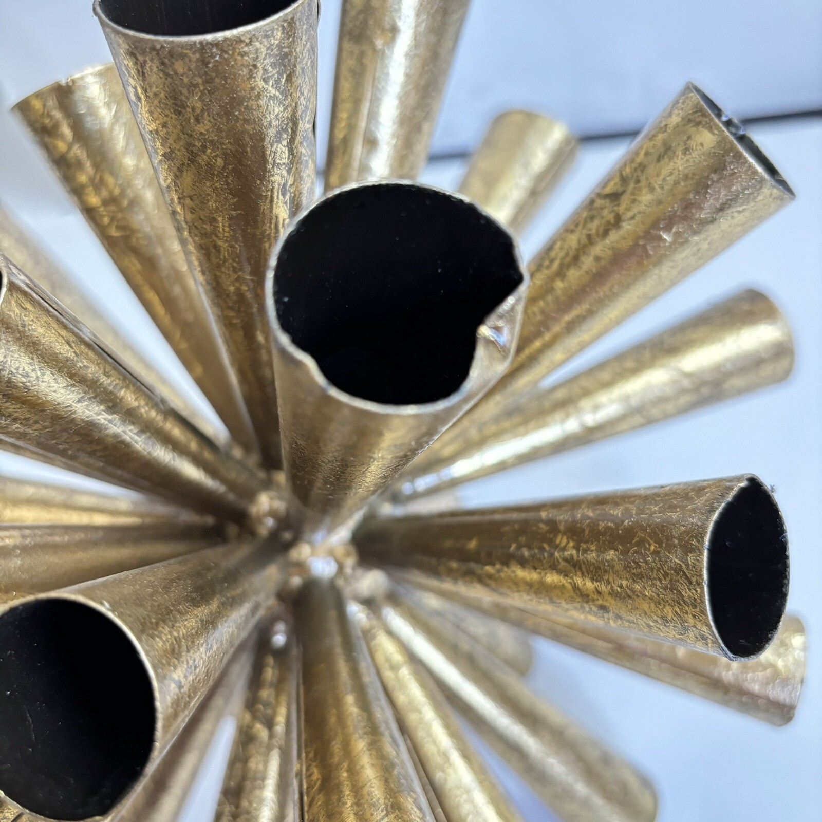 2 Metal Starburst Sputnik Style Tube Sculptures 10” And 8” Gold Tone Vintage