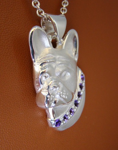 Große Französische Bulldogge Sterlingsilber mit Amethyst Halsband Anhänger - Bild 2 von 5
