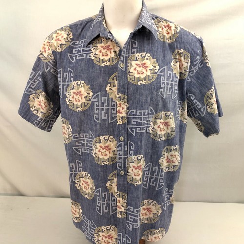 Cooke Street Men's Hawaiian Aloha Shirt Large Blue Floral Asian Coin Vintage - Bild 2 von 7