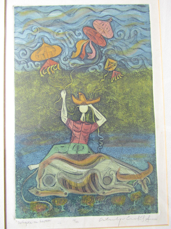 Exquisite MCM Orlando CASTILLO Aquatint Etching Japan Kite cow HAND SIGNED 1970