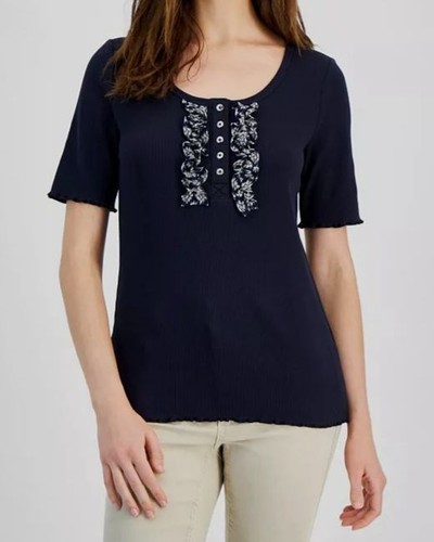 Nautica Jeans Women's Blue Night Ribbed Short-Sleeve Blouse Size XL - 第 1/2 張圖片