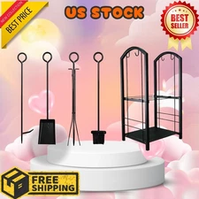 Fireplace Log Rack with 5-Piece Tool Set, Wood Storage Holder – Black
