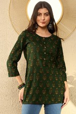 Indian Women BEAUTIFUL Cotton Green Floral Printed Top Tunic Kurta Kurti Dress