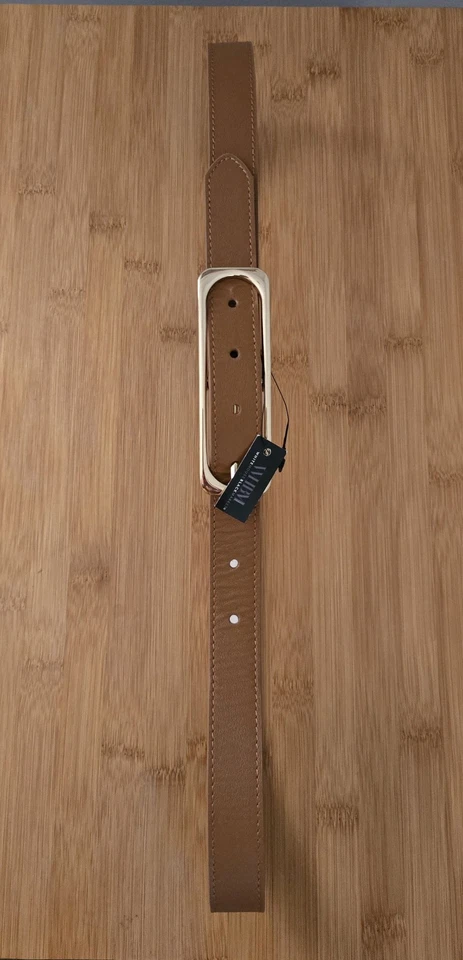 NUEVO CON ETIQUETAS CINTURÓN DE CUERO WHBM CON HEBILLA ALARGADA TONO DORADO COLOR COÑAC Talla M 1" W Foto 3 de 4