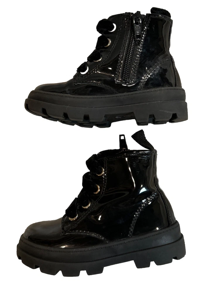 Botas de combate negras con cordones al tobillo talla 6 para niñas pequeñas brillantes con cordones de terciopelo con cremallera Foto 2 de 4