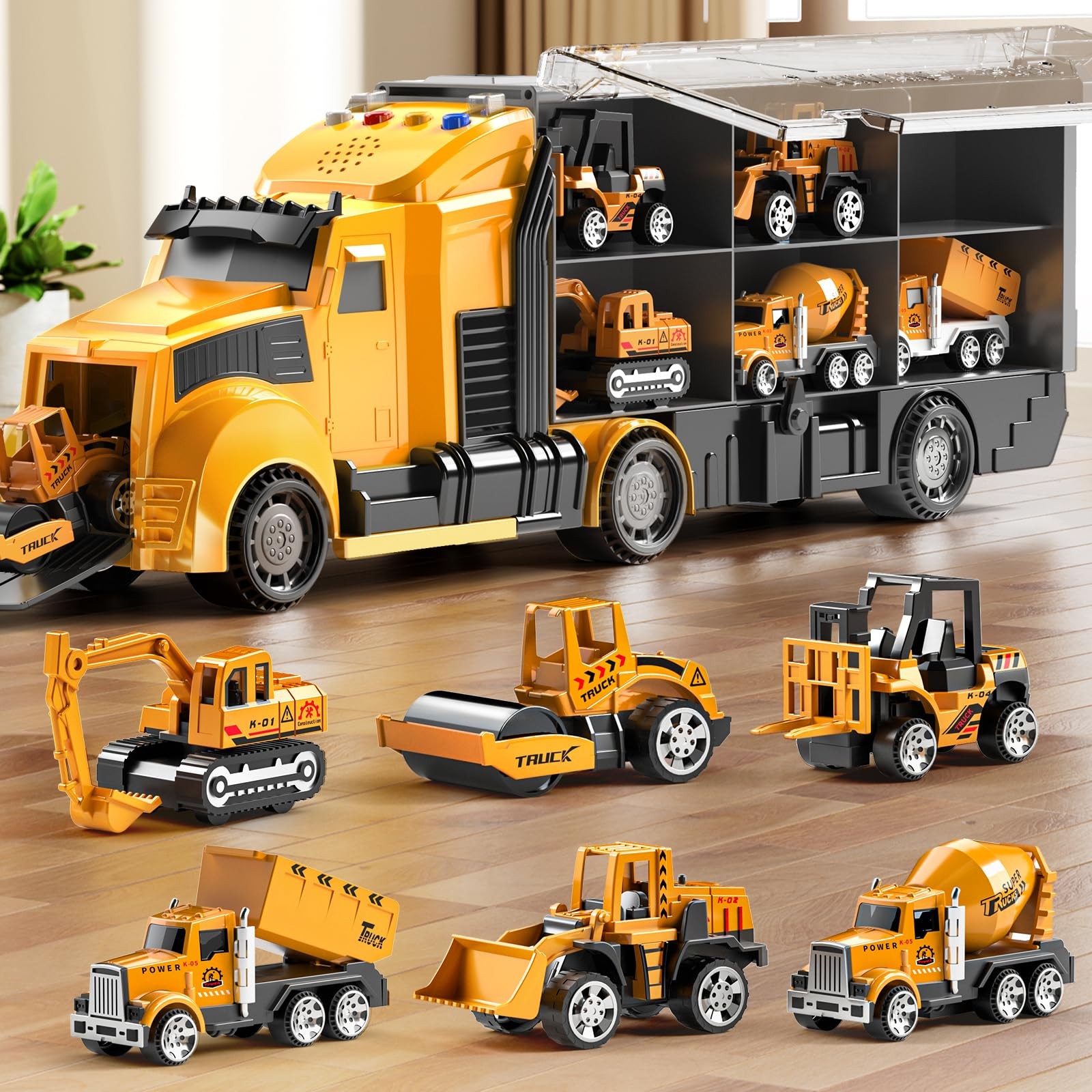 NIPLOOOW Construction Trucks Toy Set with Play Mat, Carrier Truck Vehicles Set