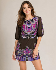 Made in USA Women's Multicolor Paisley Print Shift Dress Elbow Sleeve Mini Dress