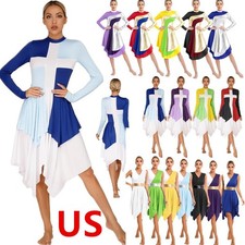 US Women Lyrical Worship Dance Dresses Long Sleeve Patchwork Irregular Hem Skirt