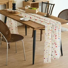 Floral Table Runner with Daisy Embroidery - 29x120 Inch White Polyester Table...