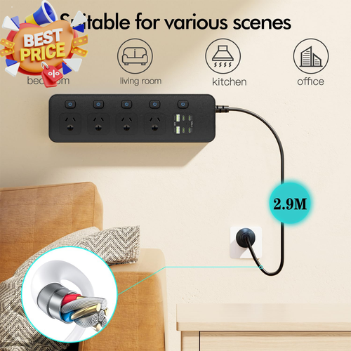10-In-1 Power Board 3250W Individual Switch 4 AC Outlets 6 USB Surge Protector - Picture 5 of 10