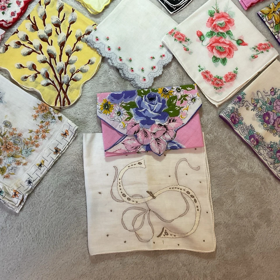 Vintage Handkerchief Hanky Lot 13 Floral Prints Cotton Christmas Pink Purple - Image 4 of 4