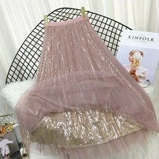 Damen Midirock eine Linie Plissiert Pailletten Netz Elastisch Hohe Taille Fee